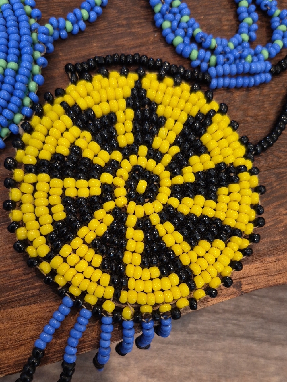 Vtg Seed Bead Medallion Pendant Necklaces, Blue, Green Yellow, & Black - Picture 3 of 13